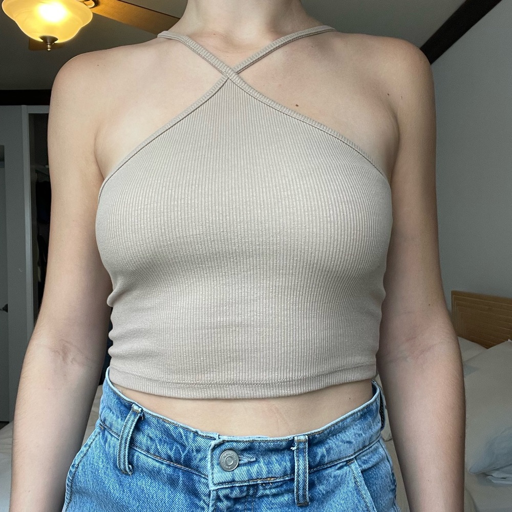Zara Tan Crop Tank, Cross Neck